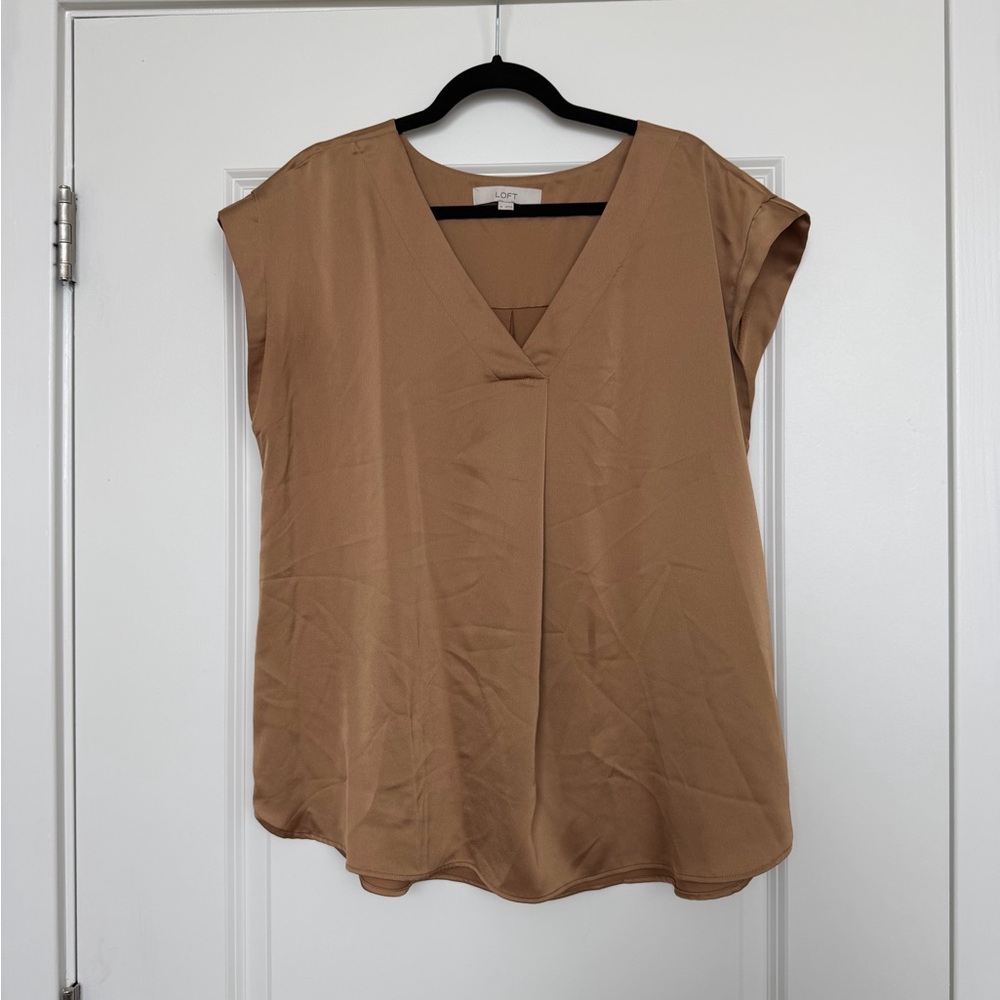 LOFT Tan/Gold Silk V-Neck Blouse